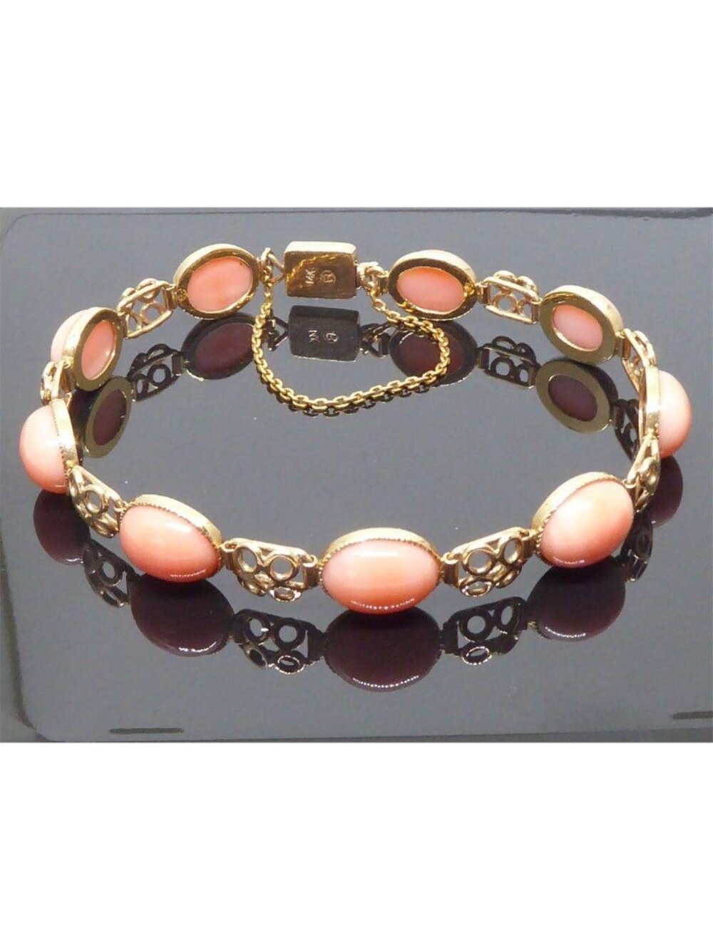 Ross-Simons Vintage 14K Gold Pink Angel Skin Coral Cabochon Link Bracelet 12g